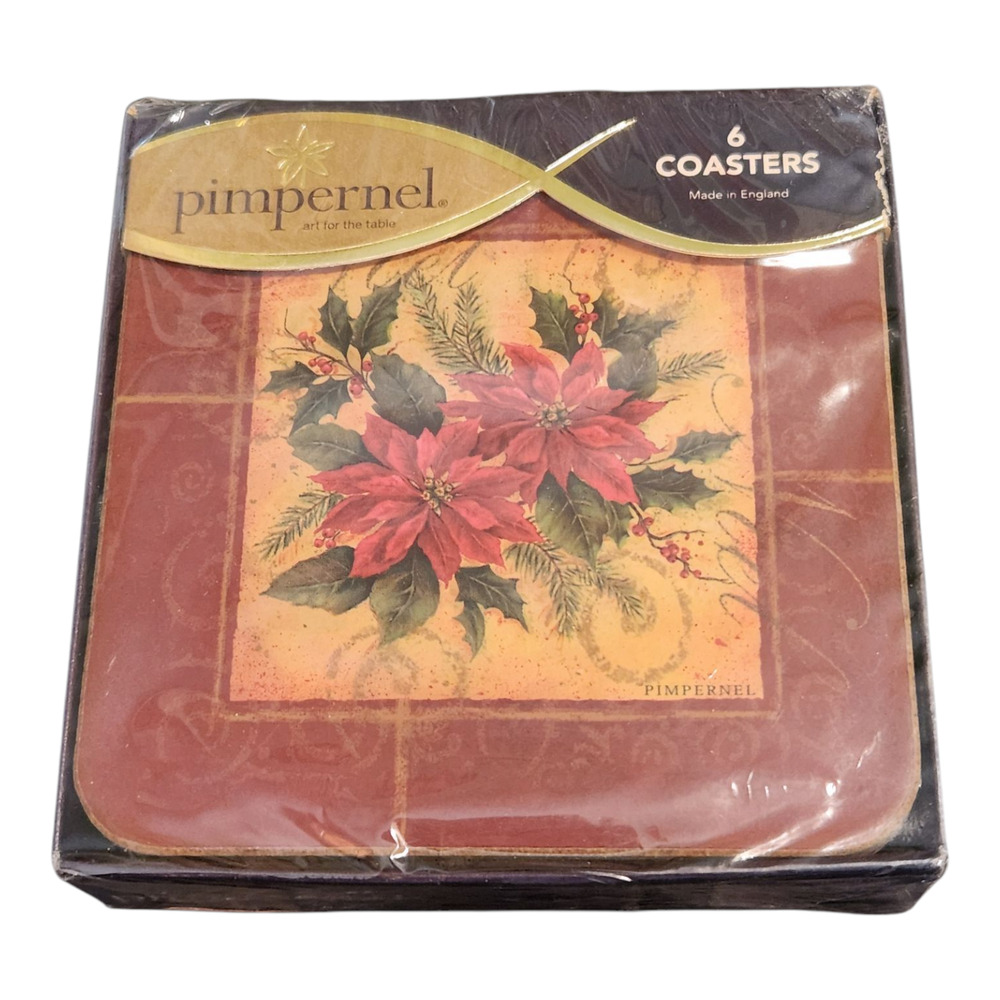 Pimpernel Set of 6 Coasters‎ Poinsettia Holiday Christmas Made in England